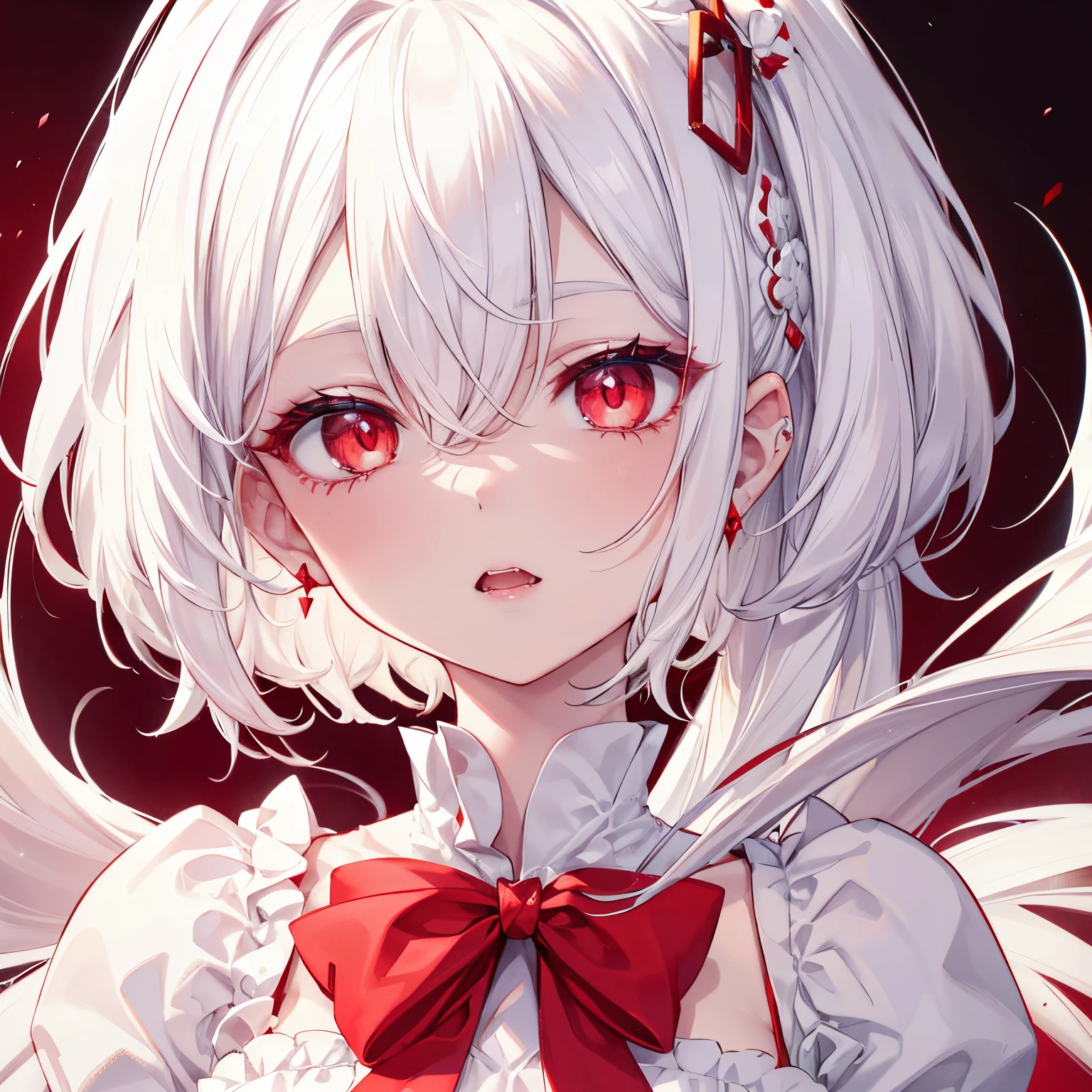 1 woman . Long white hair. White skin. Red Eyes. has small fangs. red lip . stare. enchant . pretty . kawaii .