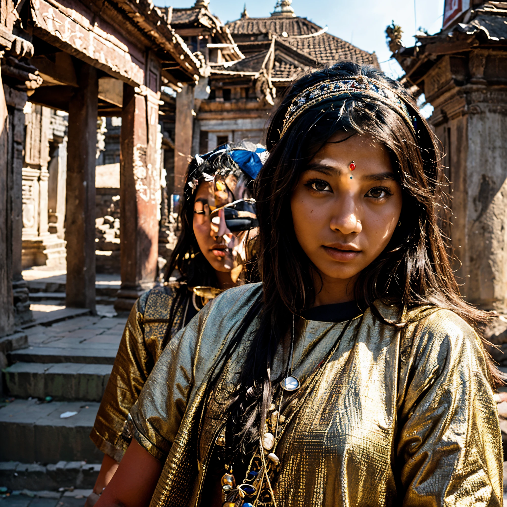 travellers, in the style of rap aesthetics, girl,Nepal,make for a memorable photo. The background is to the ancient temples and palaces of Kathmandu ,photo taken with fujifilm superia, charly amani, oversized portraits, babycore, upper body