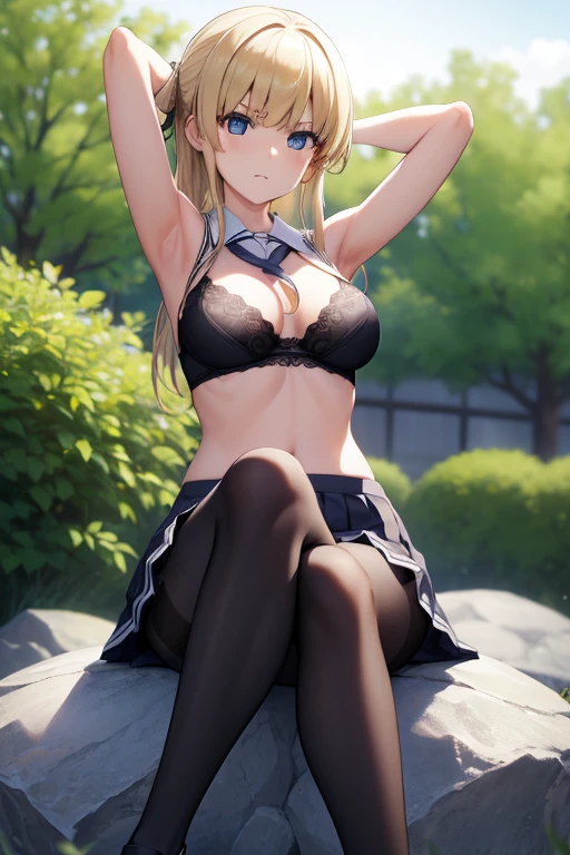 eririspencer, eriri sawamura spencer, blonde hair, blue eyes, blunt bangs, hime cut, long hair, full body, full pose, ((medium BREASTS)), happy face, teeth, Grimace, ((sitting on rock)), ((crossed legs)), BREAK, black skirt, ((black pantyhose)),((armpits)),((hands behind head)), pleated skirt, ((black lace bra)), skirt, zettai ryouiki, BREAK ((looking at viever), ((school shoes)), BREAK, ((playground background)), BREAK (masterpiece:1.2), best quality, high resolution, unity 8k wallpaper, (illustration:0.8), (beautiful detailed eyes:1.6), extremely detailed face, perfect lighting, extremely detailed CG, (perfect hands, perfect anatomy),