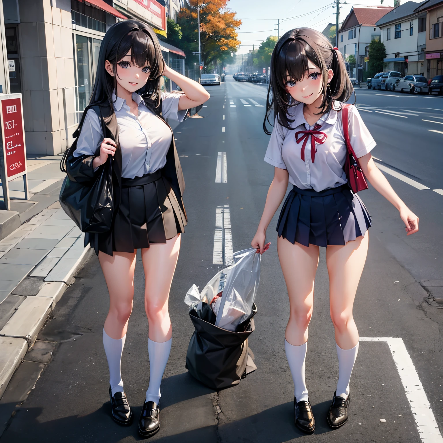 Two beautiful students picking up trash、In the street、 A smile 、woman with garbage bag、Bend down、full body focus、student clothes、The skirt is flipped up and the panties are visible.NSFW