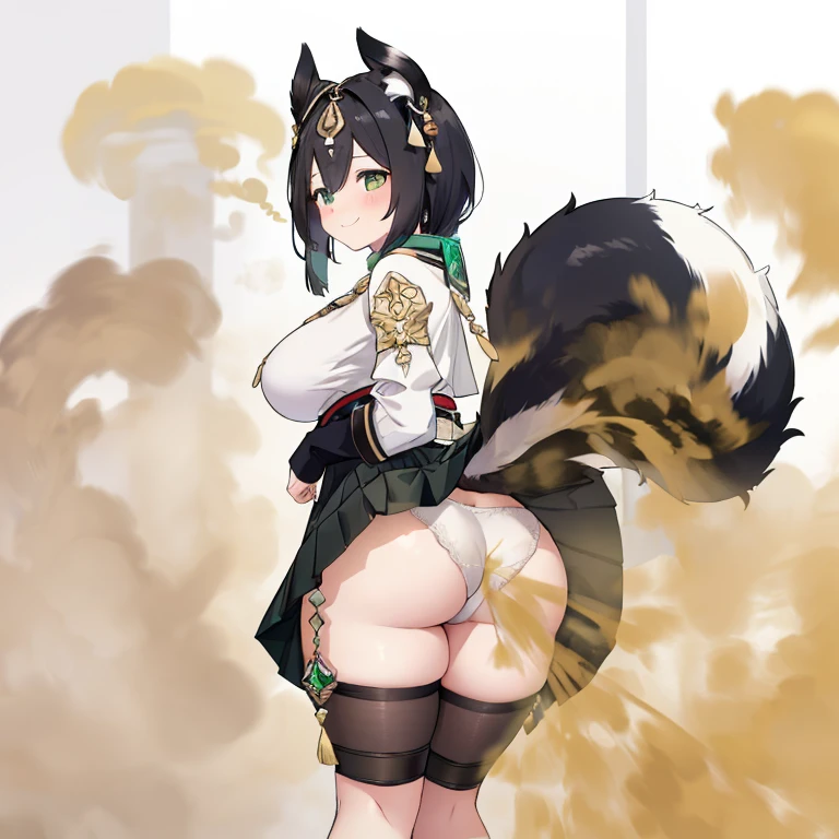 masterpiece:1.2,top-quality), ((((Blurry background with deep fog)))), (genshin impact), (((skunkgirl))), (((skunk tail))), (((Giant tail))), (((Tail inside the skirt))), (Gold eyes), Animal ears, ((black hair)), (((white hairline in the middle front))), standing, Turn around and look down, big breast, massive butt, Sticking out the butt, White clothes, black Skirt, ((((green amulet on the waist)))), panties(white panties), black stoking, Fart, Farting, onara, Fart from the ass, Yellow smoke, Skirt lifted because of farting, Smile, happy, Mondstadt