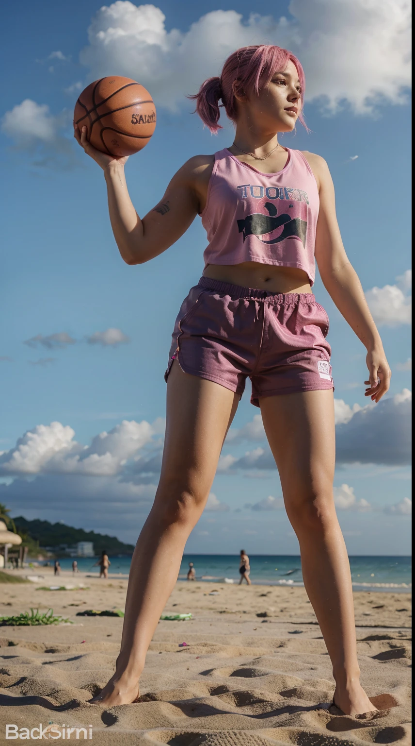 A Girl With Pink Hair playing basketball on the beach