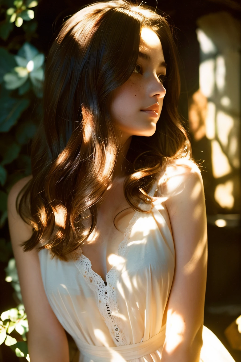 {Best Quality}, {{Masterpiece}}, {Superbly delicate and beautiful}, Outstanding light and shadow, Highly detailed wallpaper, Shades of sunlight, One girl, Fine, downcast, delicate and messy hair, Realistic skin texture,Cave, Tight waist, Few freckles