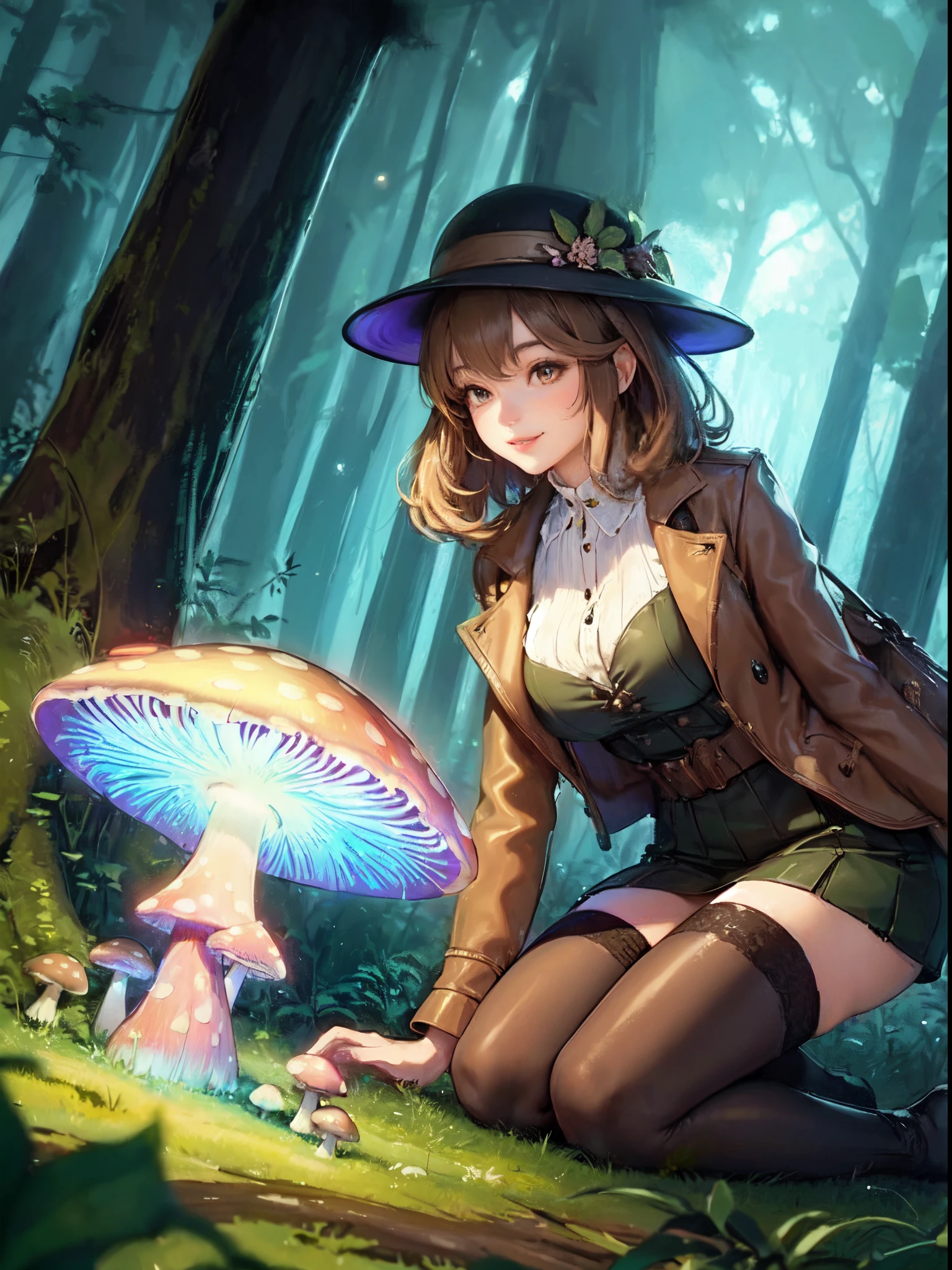 1lady solo, explorer /(stylish outfit/), kneeling, (staring at mushroom), mature female, /(light brown hair/) bangs, light smile, (eyes sparkling with excitement), (masterpiece best quality:1.2) delicate illustration ultra-detailed, large breasts BREAK (big mushroom glowing brightly in vibrant colors:1.2) BREAK (dense forest outdoors), (dimly lit)