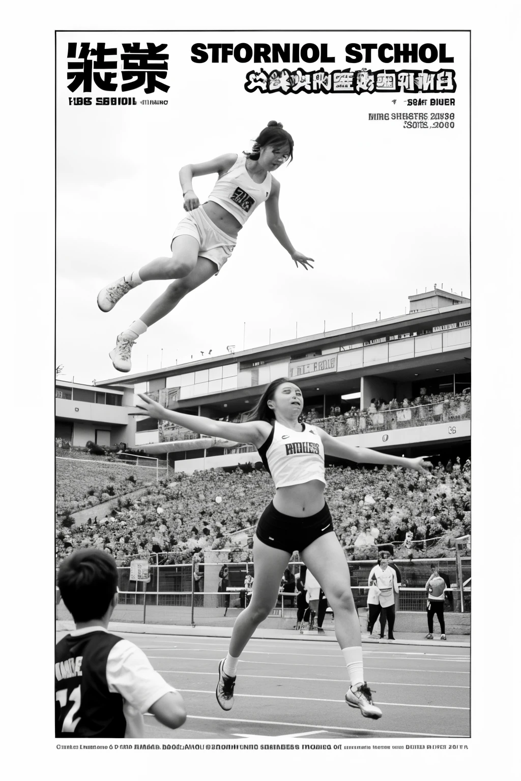 The 16th Joint School Sports Meet，race、Mainly high jump，，Black and white background，Black and white style，sharpie illustrations，MBE illustration，bold lines，Add text[Hong Kong Chaoyang Primary School]