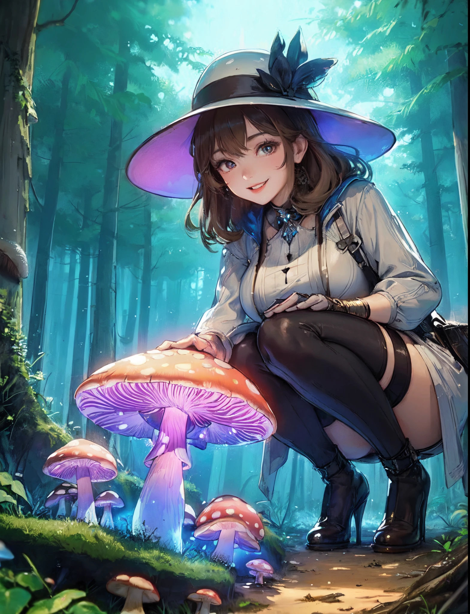 1lady solo, explorer /(stylish outfit/), kneeling, (staring at mushroom), mature female, /(light brown hair/) bangs, light smile, (eyes sparkling with excitement), (masterpiece best quality:1.2) delicate illustration ultra-detailed, large breasts BREAK (big mushroom glowing brightly in vibrant colors:1.2) BREAK (dense forest outdoors), (dimly lit)