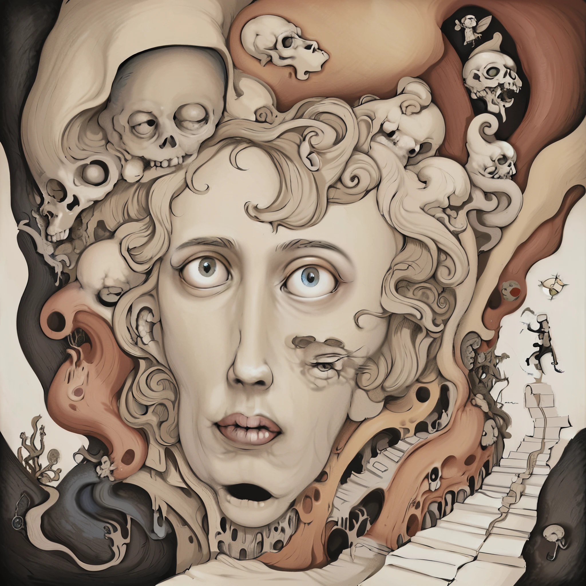 A painting of a woman with many skulls on her head, pop surrealism lowbrow art style, Lowbrow Pop Surrealism, lowbrow surreal, Psychedelic surrealist art, &#39;Lost in a lucid dream, surreal drawing, highly detailed surrealist art, Rowbrow Art, Illusion surrealist art, surreal illustration, lowbrow surrealism, horror surreal art, pj crook