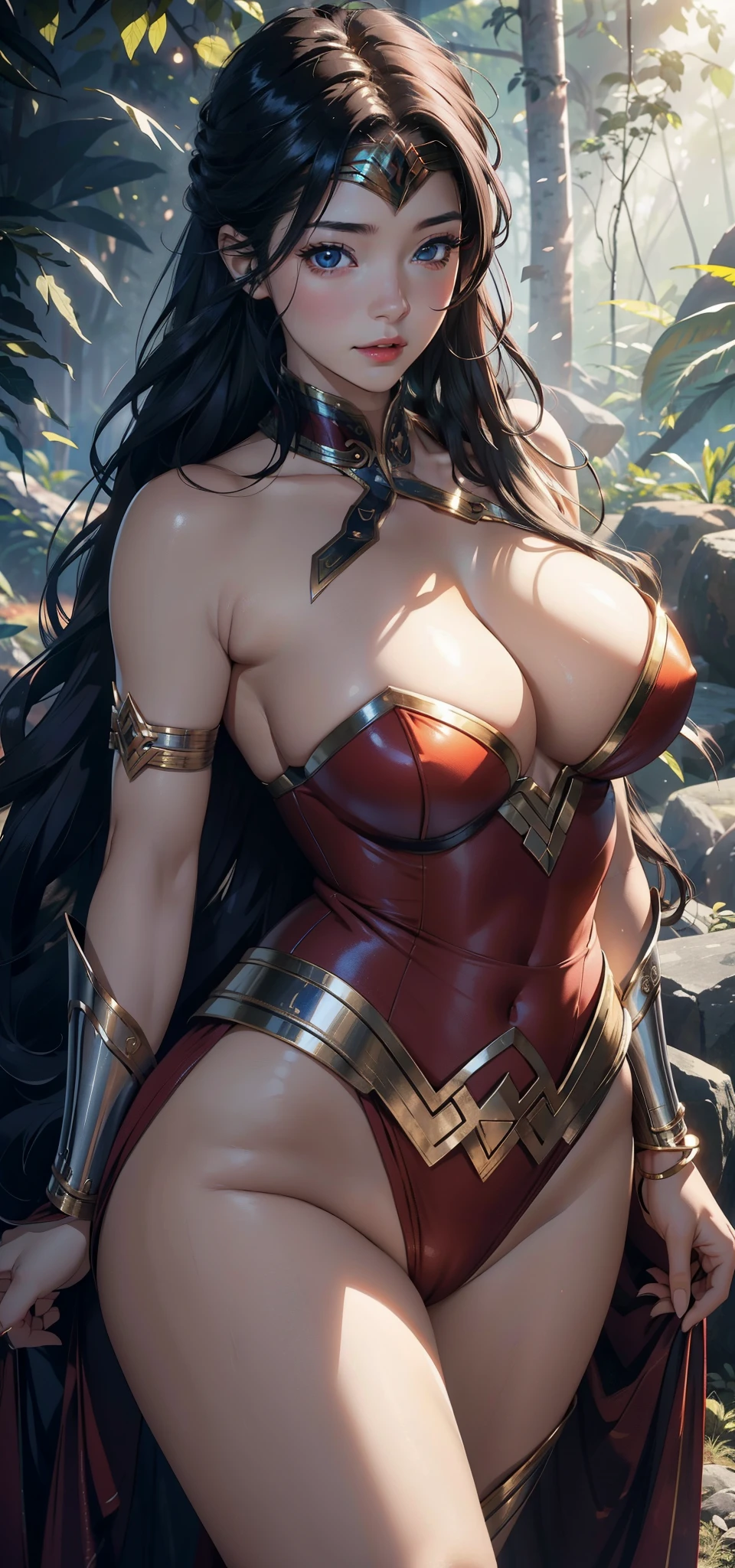 1female，45 yers old，Married woman，熟妇，Large breasts，long leges，big chest and thin waist， photo exposure， 独奏，（Background with：at a forest，the rainforest，in summer） She has long white hair，Redlip，Stand deep in the forest，seen from the front， hair straight，long, floated hair， The sky is mostly cloudy，（（（tmasterpiece），（Very detailed CG unified 8k wallpaper），Best quality，电影灯光，detailed back ground，beautidful eyes，Bright pupils，（very delicate beautiful），（Beautiful and detailed eyes description），ultra - detailed，tmasterpiece，）），facing at the camera，A high resolution，ultra - detailed），Bare breasts，a little bit chubby，overmany， Camel toes，wonder women（dressed in：Transparent Wonder Woman Uniform，nakeness，）