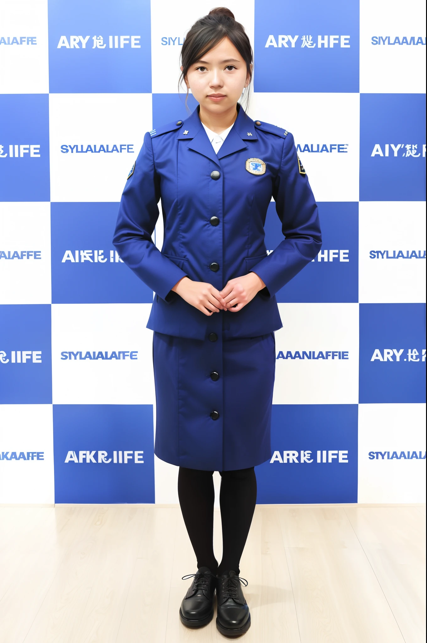 Standing in front of a blue and white background、An arafe woman wearing a blue and white uniform, skyporn!, skyporn!!!, skyporn, sky line, sunny sky, Kiyoko Suzuki, eiko ishioka, 天空, plain uniform sky at the back, 天空, maya takamura, plain uniform sky, Blue sky, sky line, Kazue Kato, No sky