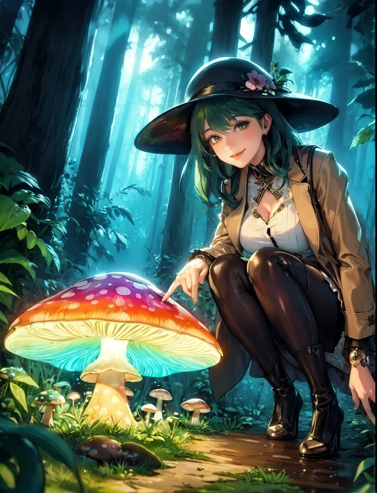 1lady solo, explorer /(stylish outfit/), kneeling, (staring at mushroom), mature female, /(deep green hair/) bangs, light smile, (eyes sparkling with excitement), (masterpiece best quality:1.2) delicate illustration ultra-detailed, large breasts BREAK (big mushroom glowing brightly in vibrant colors:1.2) BREAK (dense forest outdoors), (dimly lit)