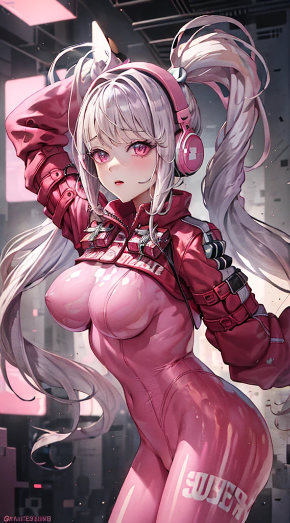 Masterpiece, ultra high quality, absurdres, solo, 1girl, white hair, long hair, pigtails, pink eyes, pink lipstick , shy, upper body, pink bodysuit, mecha, cyberpunk , big breasts, full bodysuit, hands above head, stretching, seductive pose , looking at viewer, front view