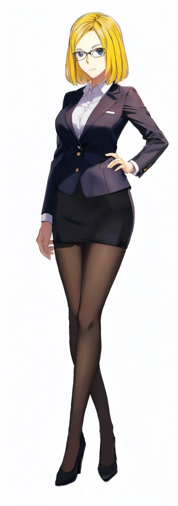 Anime woman in a business suit and tights posing for a picture,