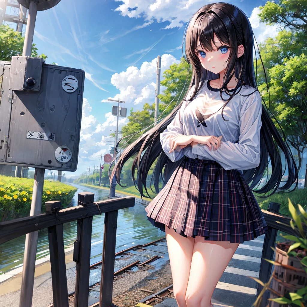 A dark-haired、blue eyess、one good looking girl、独奏、animesque、lightly dressed、Plaid miniskirt、flower petals、wetting hair、Black T-shirt、large tree、sea of clouds、railroad crossing