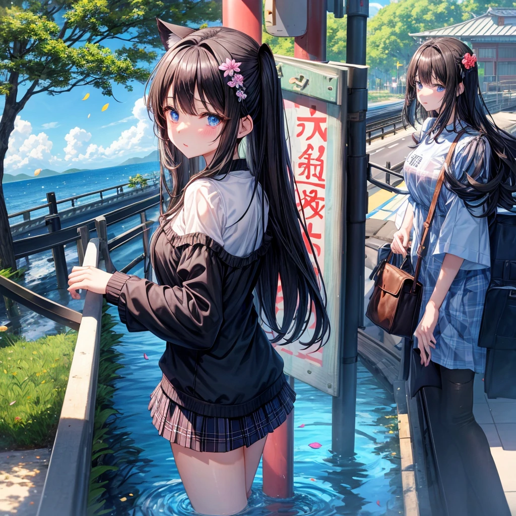 A dark-haired、blue eyess、one good looking girl、独奏、animesque、lightly dressed、Plaid miniskirt、flower petals、wetting hair、Black T-shirt、large tree、sea of clouds、railroad crossing
