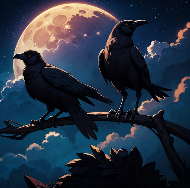 Two crows, tmasterpiece, Best quality at best, ultra - detailed, Mare, clouds, exquisite lighting, themoon, nigh sky, the night,