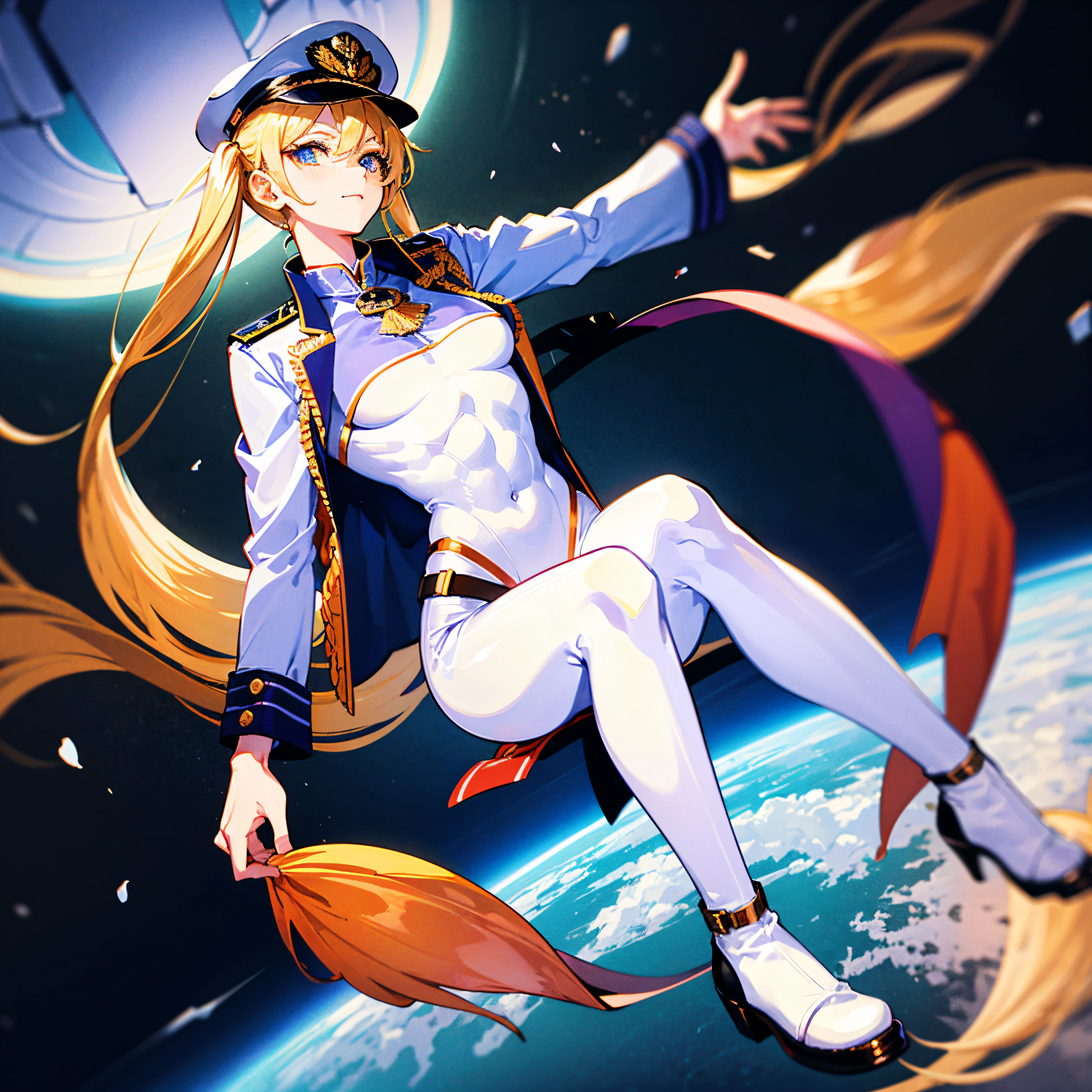 (((masterpiece)))、(((Top image quality)))、(((top-quality)))、(Illustration of one woman)、full body Esbian、30-years old、(((neuter)))、((Blonde twintails))、Light golden eyes、((tall))、(((Muscular and strong body)))、(((Split abs)))、(((muscular and thick arms)))、(((muscular and thick legs)))、(((manspreading)))、Opening legs、((Military uniforms))、((Military Cap))、((Military coat))、(white clothes)、(White pants)、(White cap)、trench coat、((Inside the spaceship、Sitting in the captain's seat))、(Outside the window、Earth seen from space)