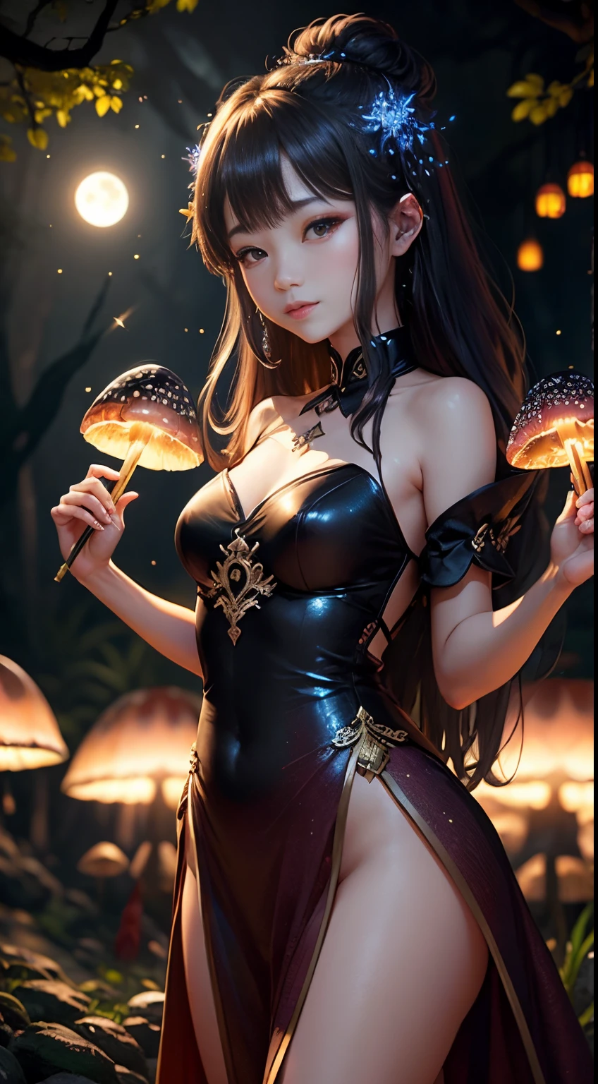 the night,Full moon,Yingying shimmer,Fantasy Forest,glowing mushrooms,twinkling fireflies