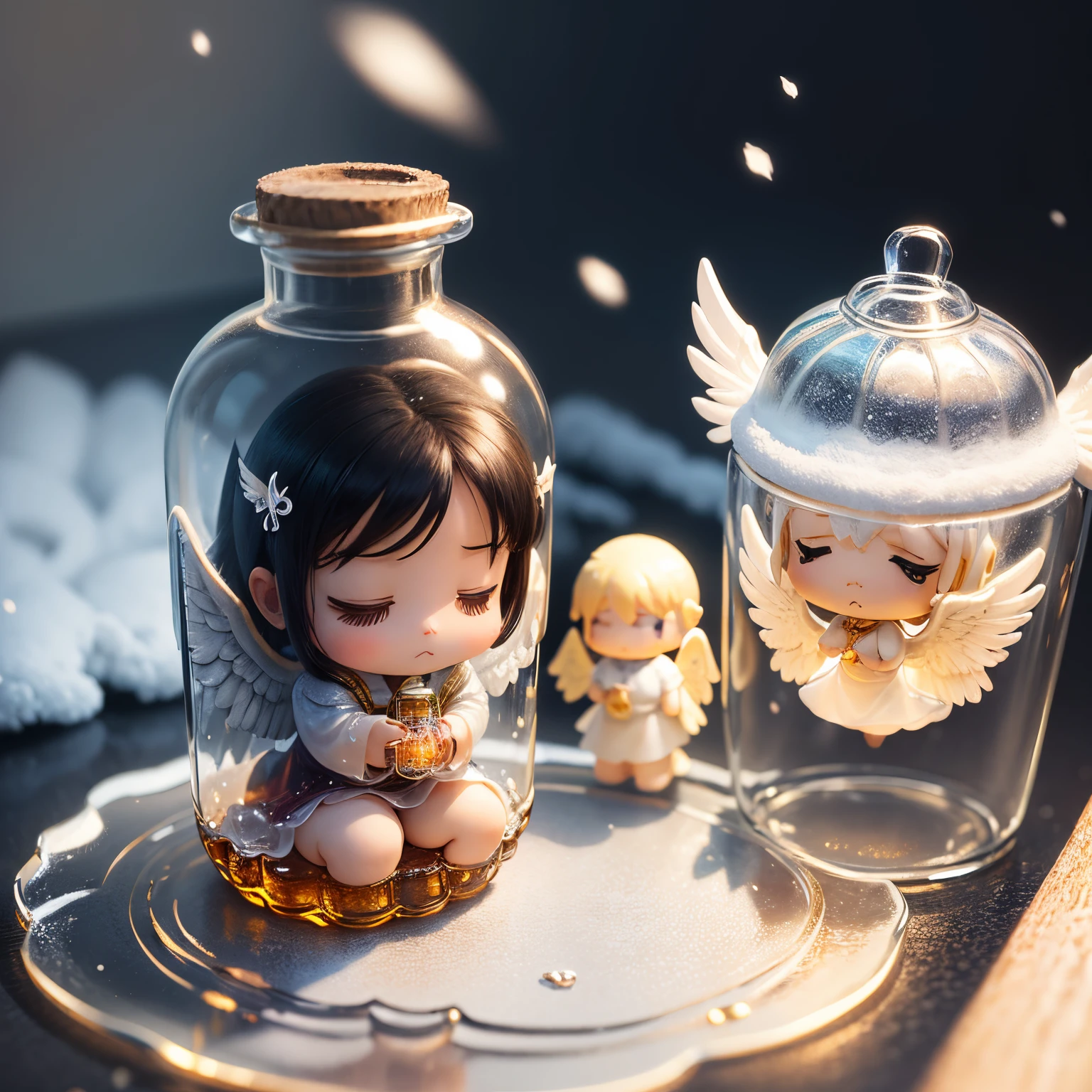 masterpiece、top-quality、ultra-detailliert、(little chibi angel in a transparent glass bottle:1.2).。Prayer Pose、Snowfall、8K