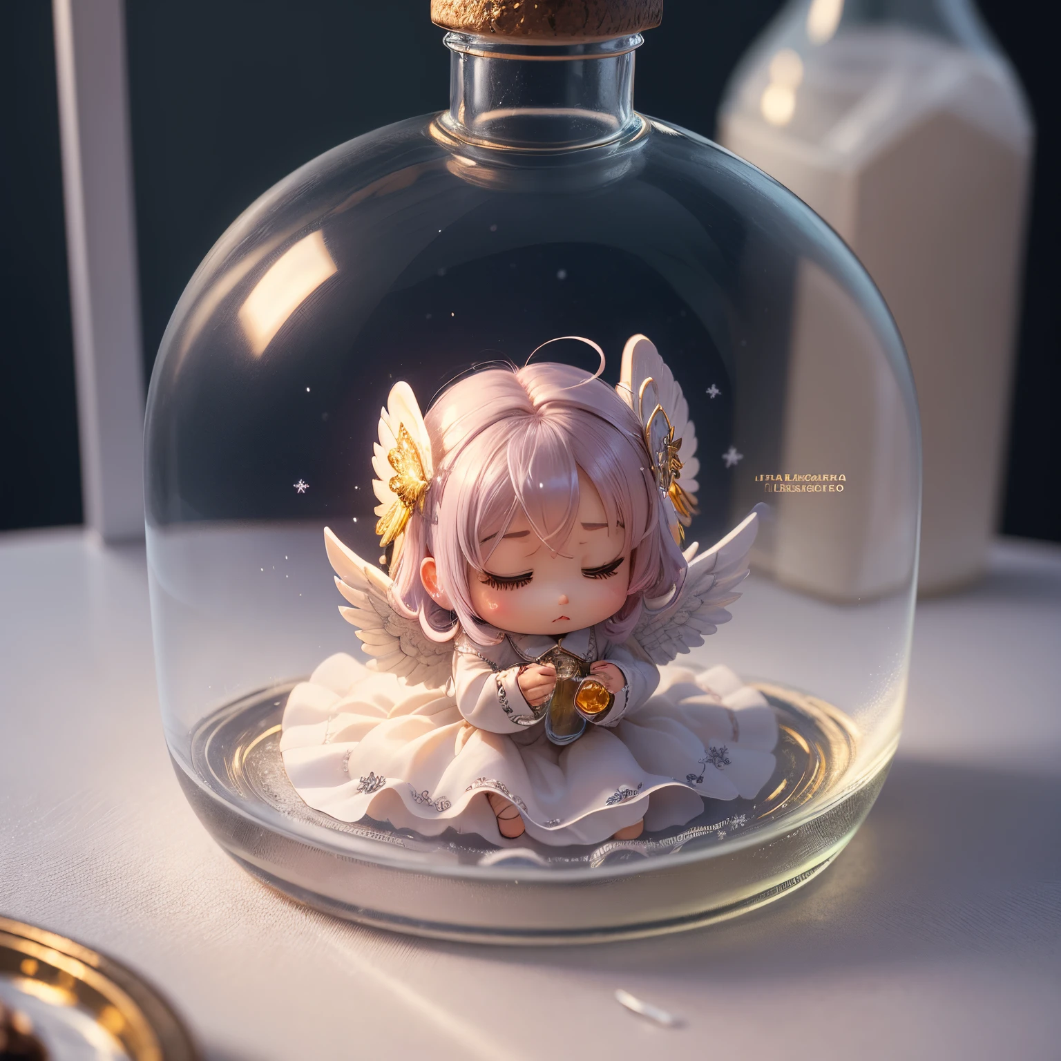 masterpiece、top-quality、ultra-detailliert、(little chibi angel in a transparent glass bottle:1.2).。Prayer Pose、Snowfall、8K