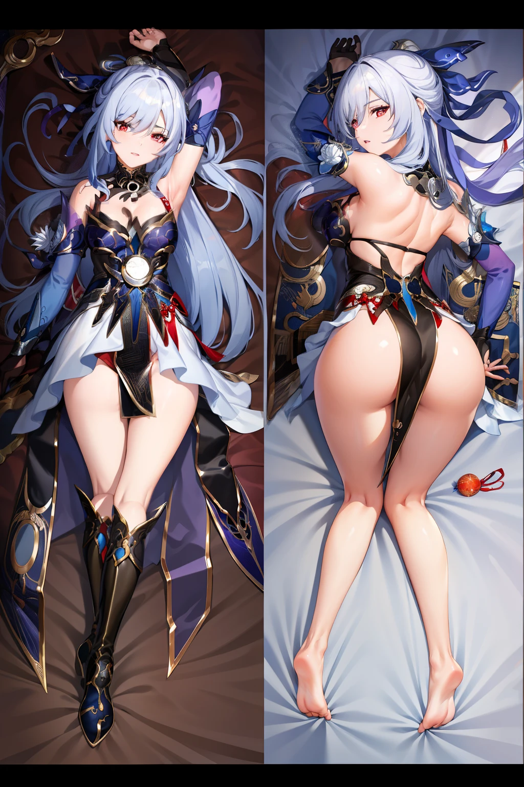 masterpiece, best quality, JingliuV5, 1girl, looking at viewer, ((red eyes)), hair ornament, gloves, dress, cleavage, bare shoulders, purple eyes, full body, ass, boots, lying, barefoot, shiny, on back, black footwear, multiple views, blue dress, dakimakura (medium),