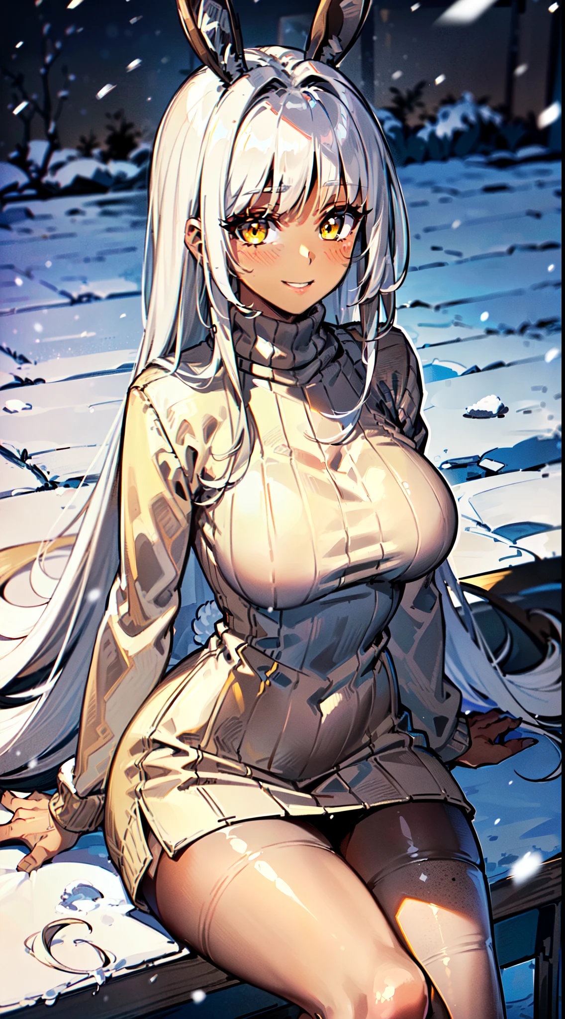 masterpiece, best quality, extremely detailed, 1girl, solo, (dark brown skin:2), blanc, (large breasts:1.7), ((((white hair), long hair, yellow eyes, rabbit ears))), parted lips, (((turtleneck sweater, long sleeves, white medium skirt, black pantyhose))), ((light smile), closed mouth), ((sitting on a bench, school, winter, snowing))