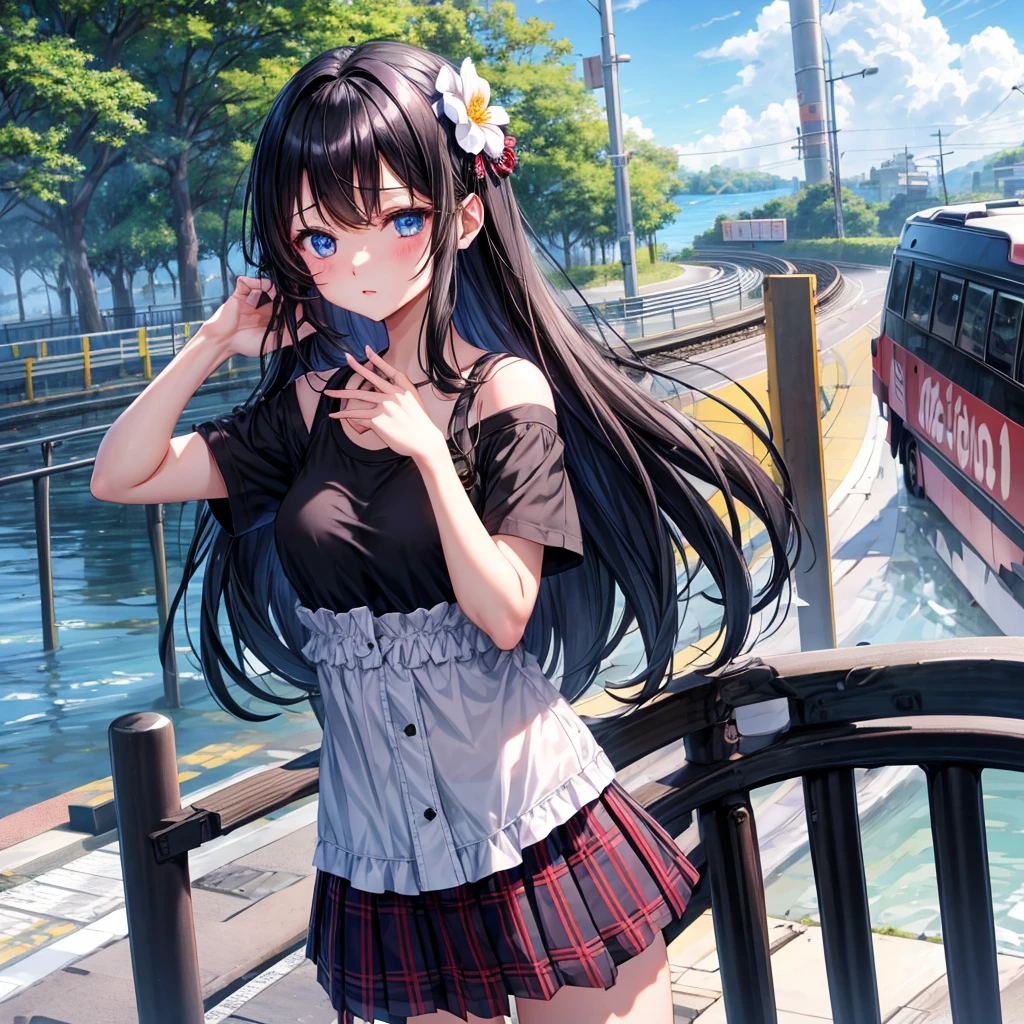 A dark-haired、blue eyess、one good looking girl、独奏、animesque、lightly dressed、Plaid miniskirt、flower petals、wetting hair、Black T-shirt、large tree、sea of clouds、railroad crossing