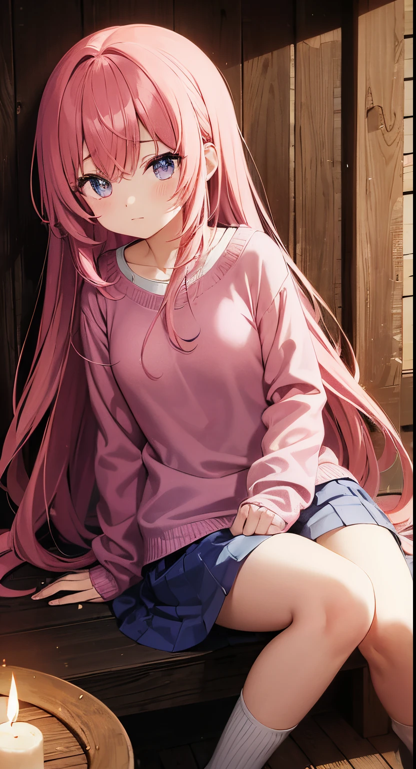 Cute anime girl, long pink hair, blue-pink gradient eyes, pink sweater, pink short skirt, blue striped green socks, nighttime, in an old dark wooden house, wooden walls, candle lights, very dark