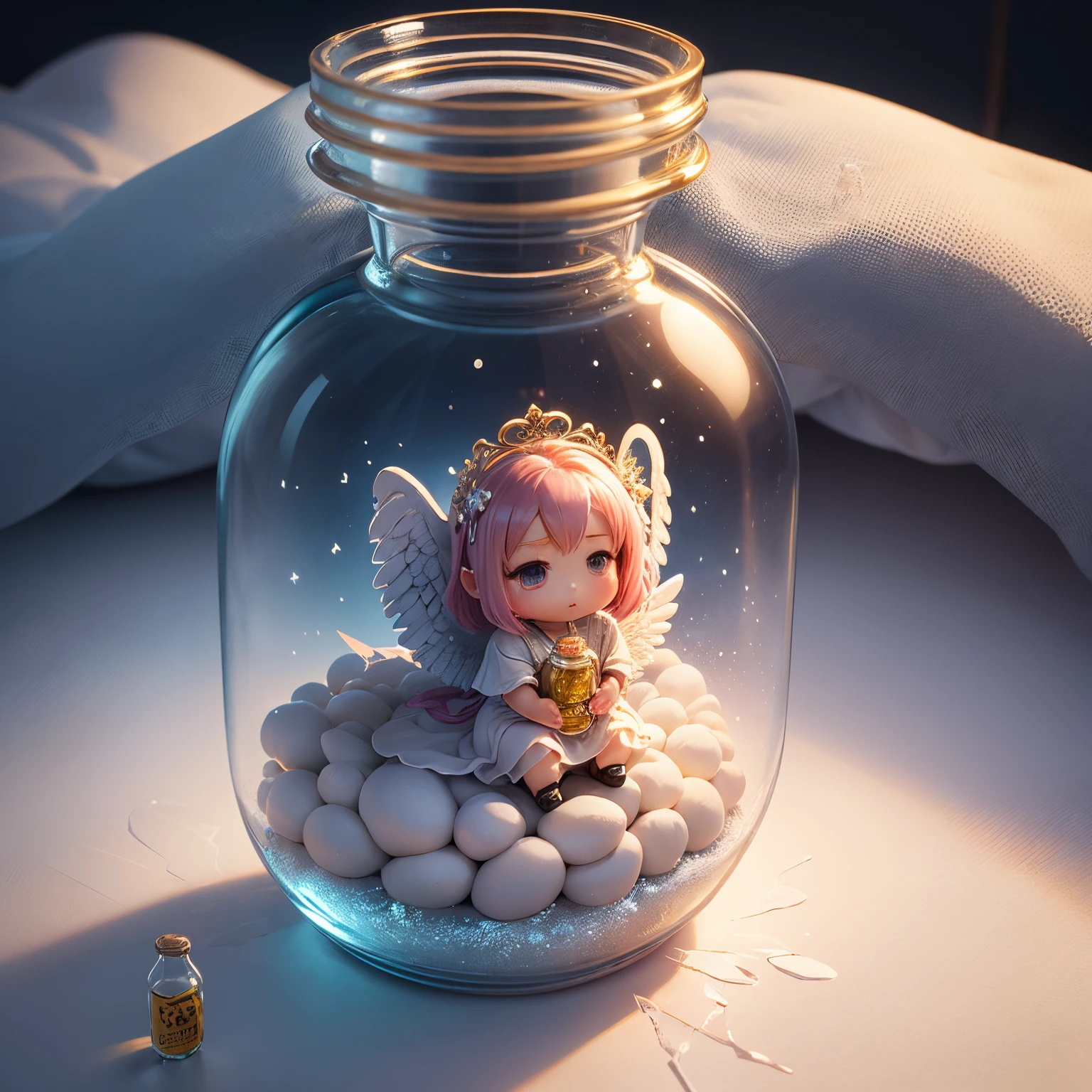 ​masterpiece、top-quality、ultra-detailliert、(little chibi angel in a transparent glass bottle:1.2).。Prayer Pose、snowfall、8K
