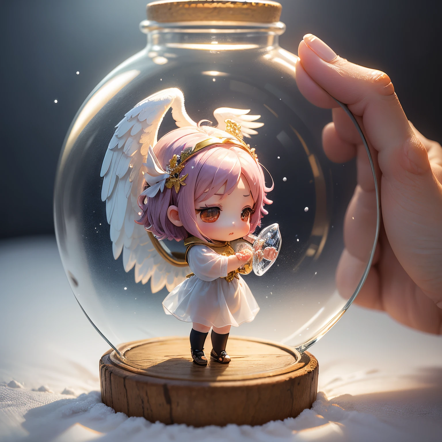 ​masterpiece、top-quality、ultra-detailliert、(little chibi angel in a transparent glass bottle:1.2).。Prayer Pose、snowfall、8K