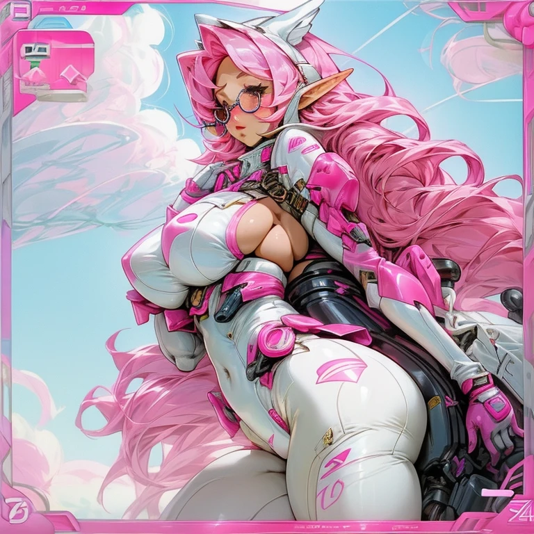 pilotsuit, Big breasts, 爆乳、Long pink hair, fullnude、Exposed、Pink Micro Bikini、white leotard, White High Leg、pink underwear that bites、Pink high-leg、White High Socks、Pink decoration、slingshot、Cute, sexy for, elf-ears, eye glasses、my bust looks like this,Incredibly huge breasts,My breasts are too big to support、sideboob barbosa、Open your legs、Plump、1 girl, Perfect body, masutepiece, High quality、
