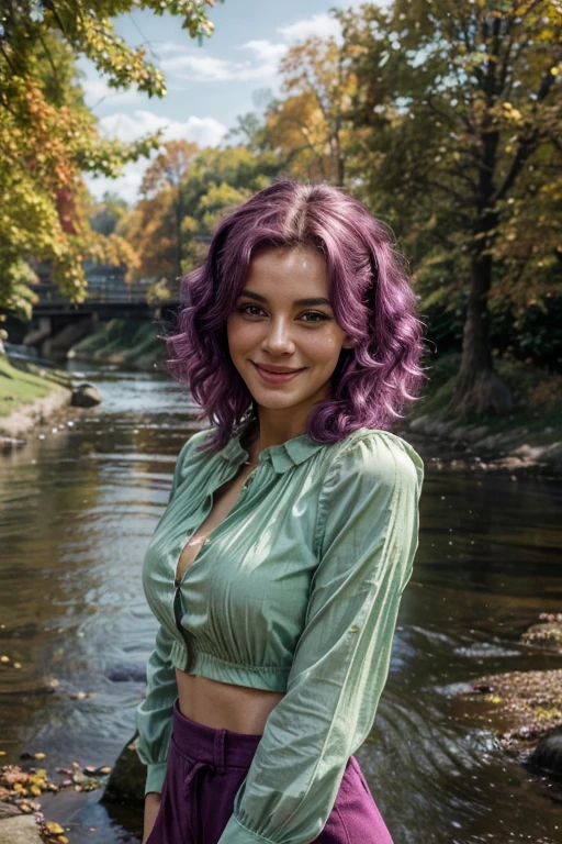8K, topquality, ultradetail, european woman, chest size 7, medium length curly bright purple hair, wearing a green blouse, stands near the river in autumn, takes a selfie (overhead view), smiles brightly