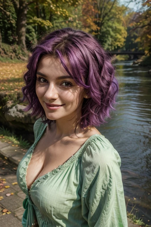 8K, topquality, ultradetail, european woman, chest size 7, medium length curly bright purple hair, wearing a green blouse, stands near the river in autumn, takes a selfie (overhead view), smiles brightly