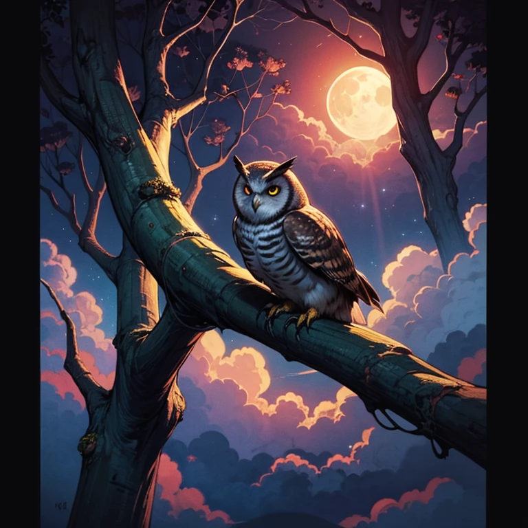 An owl standing on a branch, tmasterpiece, Best quality, ultra - detailed, bigger, cloud, exquisite lighting, themoon, nigh sky, natta,