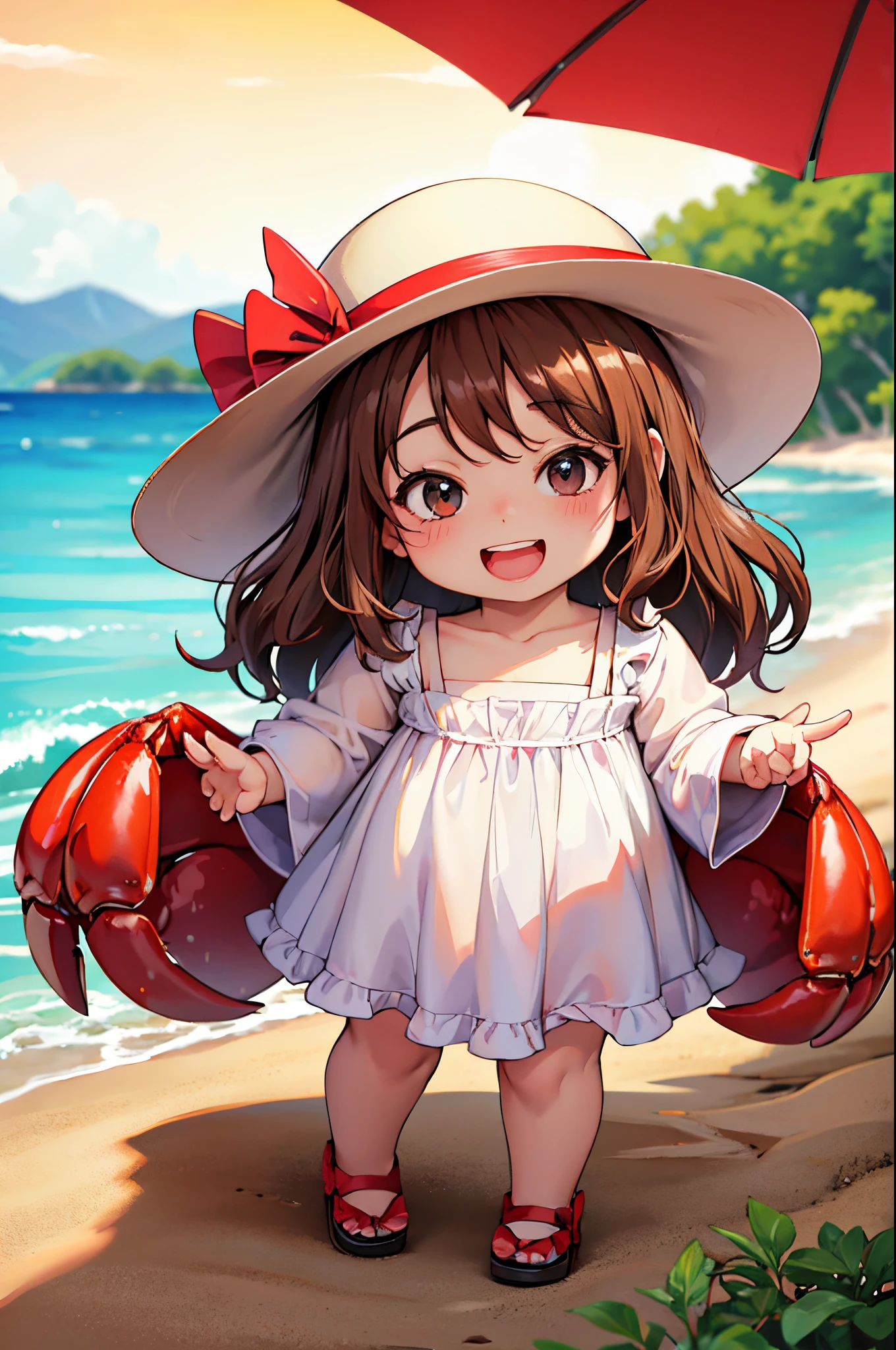 small child doll outdoors，portrait of a full body，5years old，happily laughing，mini cute toddler、a straw fedora hat、Strong bokeh、red crab on the sandy beach