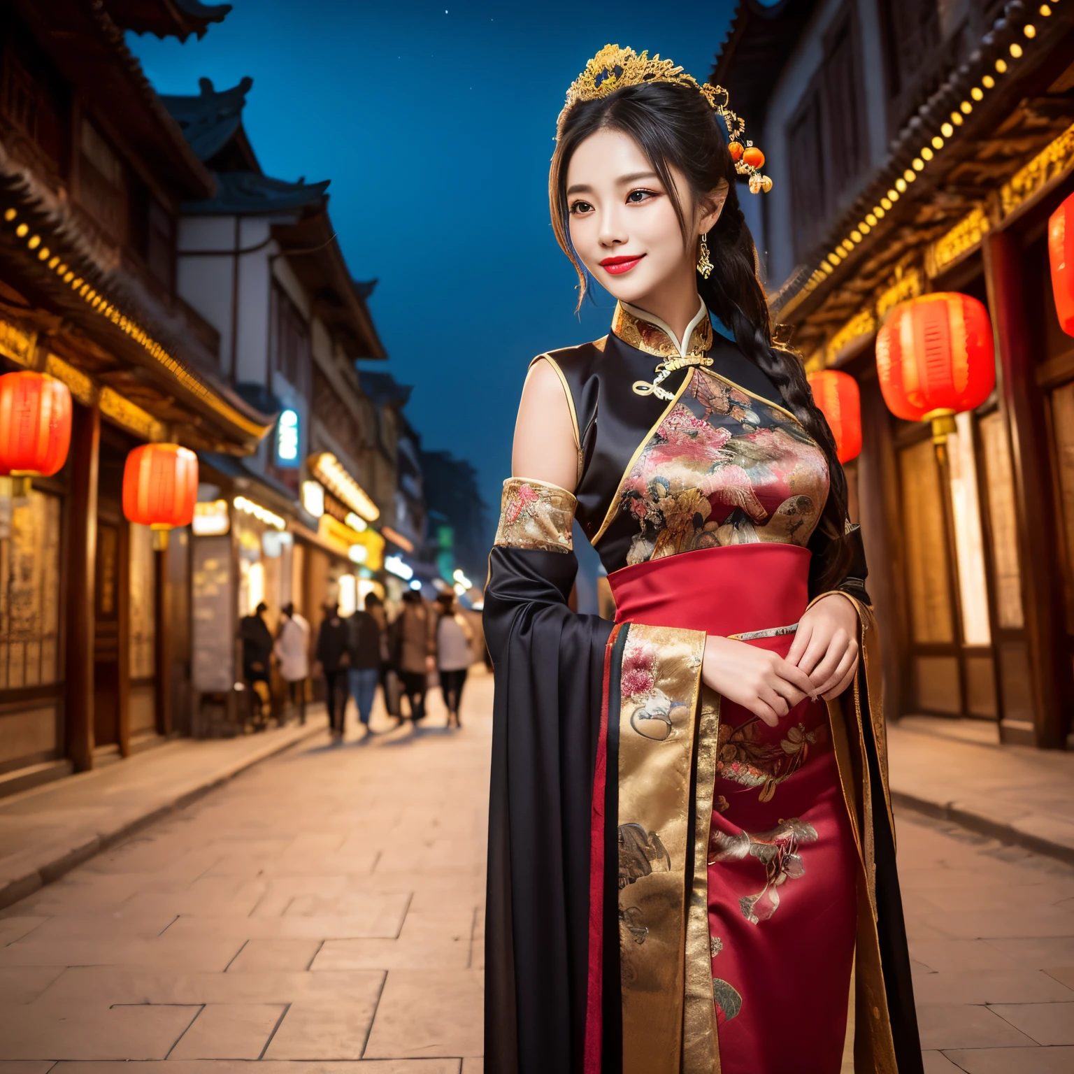 ((top-quality、masutepiece、8K、Top image quality、Highly complex and detailed depictions))、(Photo of the upper body of the Chinese queen:1.3)、beautiful city of chan&#39;in night、((most gorgeous chinese queen&#39;Huge costumes、the most vivid and luxurious costumes、big long costume、The most luxurious and huge capital of Chang&#39;an、real capital of chan&#39;an、Brilliant architecture of ancient China、ancient capital of chan&#39;glowing red、An unimaginably luxurious building、A very luxurious and huge city、huge city in the middle of the night、Very complex decoration、very clear huge building))、(View me、Bewitching smile、Perfect makeup、long eyelashes、lipsticks、Pink eyeshadows、perfect anatomia、A slight smil)、(clear luxury capital background:1.3)