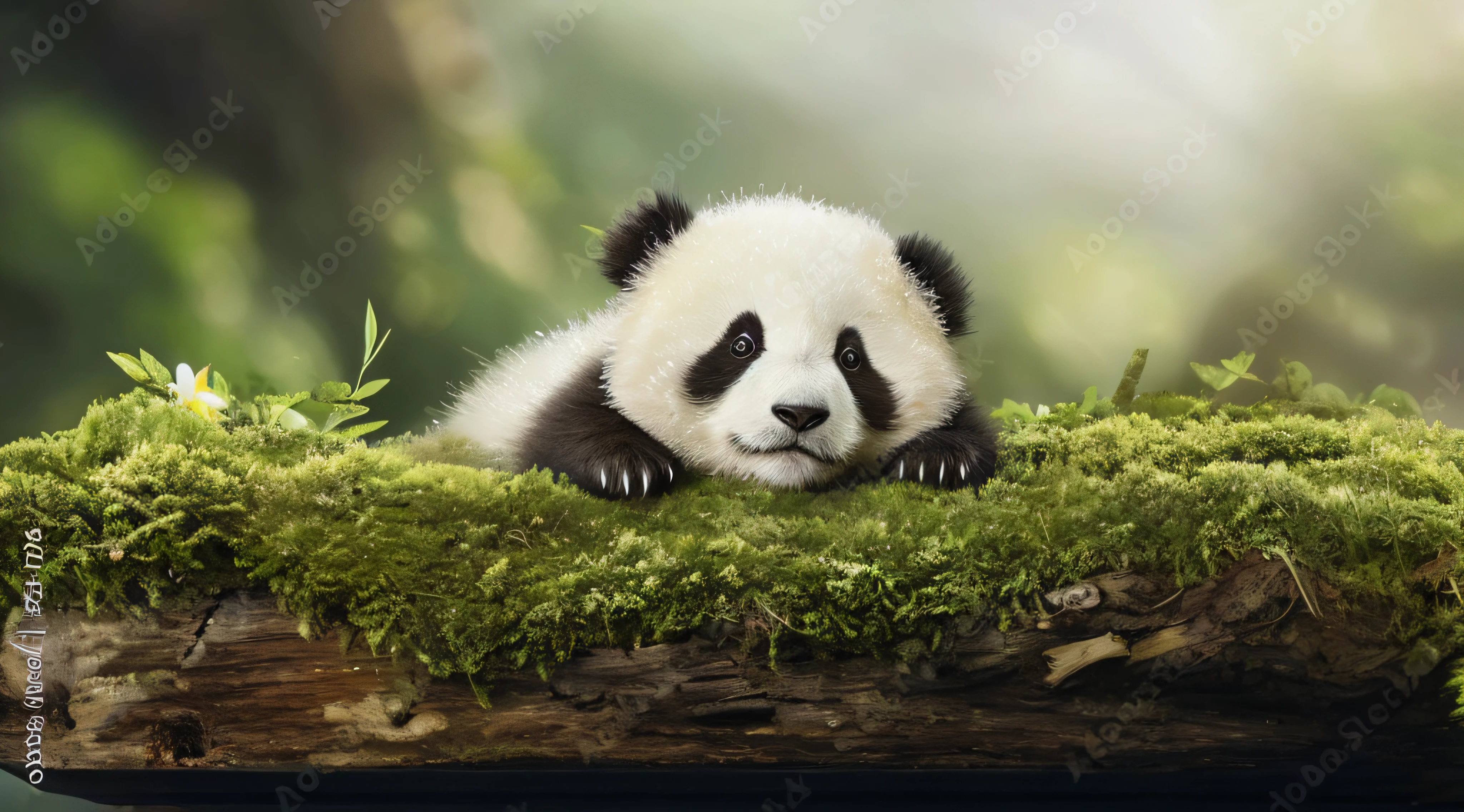 panda bear laying on a log with moss in the forest, cute panda, a cute giant panda, panda, cute animal, closeup of an adorable, cute 3 d render, panda panda panda, adorable digital painting, closeup portrait, “portrait of a cartoon animal, cute single animal, inquisitive look, best on adobe stock, cute boy, in a bamboo forest
