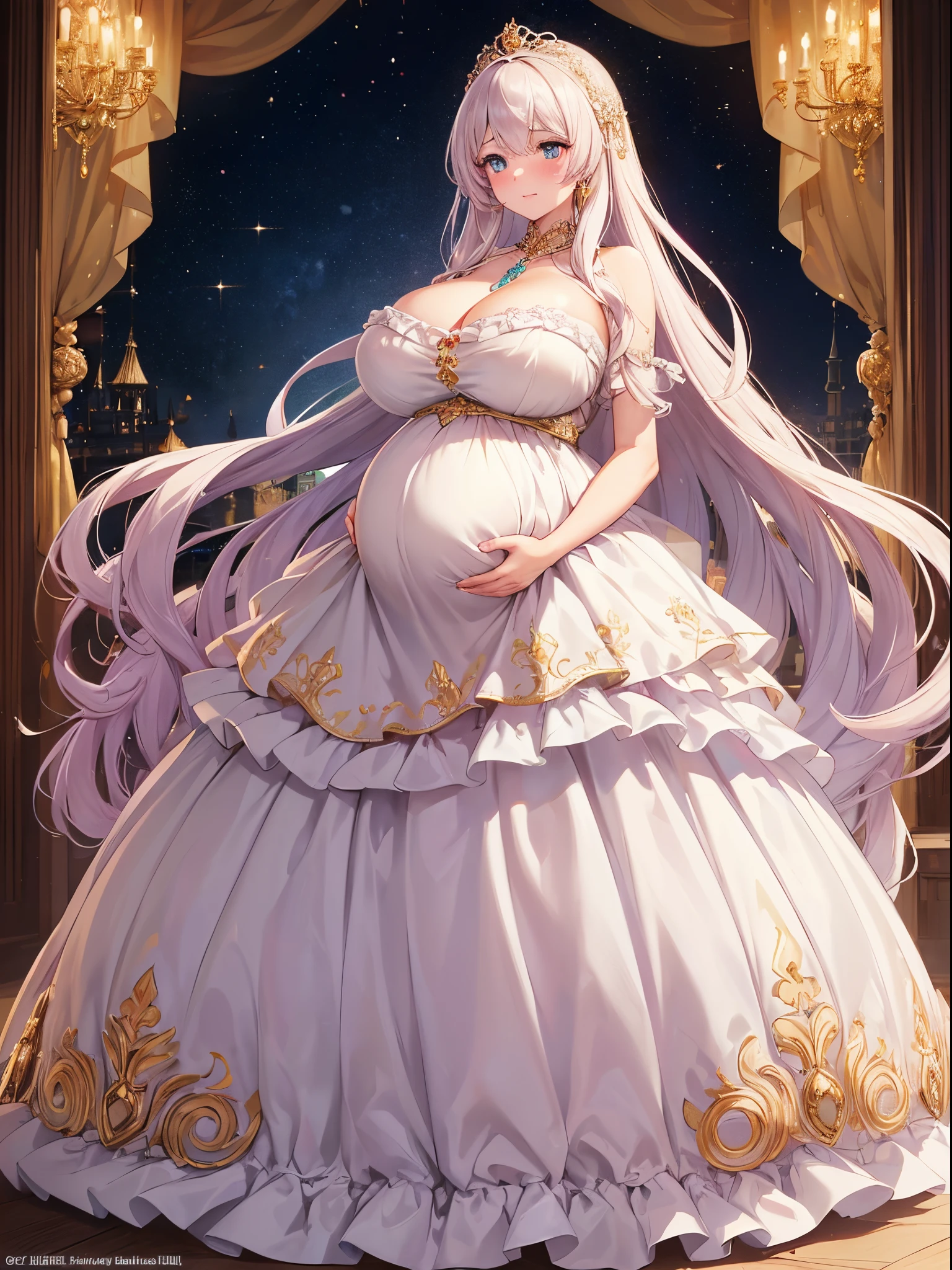 ultra-detailed, extremely detailed,((anime artstyle)),Masterpiece,(Best Quality),(Super Detail),(Very Delicate and Beautiful),((Solo)),(((full body))),full body,((detailed face and eyes)),perfect eyes, rendered eyes,jewel-like beautiful eyes,((embarrassed,blush)),((1  pregnant queen in beautiful embroidery and jeweled gorgeous rococo ballgown with voluminous full length hoop skirt)),(((heavily pregnant))),((Crinoline,luxurious ruffles)),beautiful embroidery and jeweled gorgeous rococo ballgown with voluminous full length hoop skirt,(large amount of straight hair,extremely voluminous Very Long straight Hair,Absolutely Long Straight Hair),(((very gigantic boobs))),skindentation,Bursting breasts,cleavage,((fantasy castle,luxury palace)),long_gloves,extremely gorgeousfull jeweled hair ornament,(bling-bling extremely gorgeousfull jeweled tiara),(luxurious jewelry),full body,beautiful embroidery and jeweled gorgeous rococo princess ballgown with voluminous full length hoop skirt