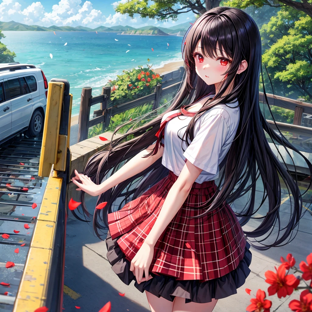 A dark-haired、red eyes、one good looking girl、独奏、animesque、lightly dressed、Plaid miniskirt、flower petals、wetting hair、Black T-shirt、large tree、sea of clouds、railroad crossing