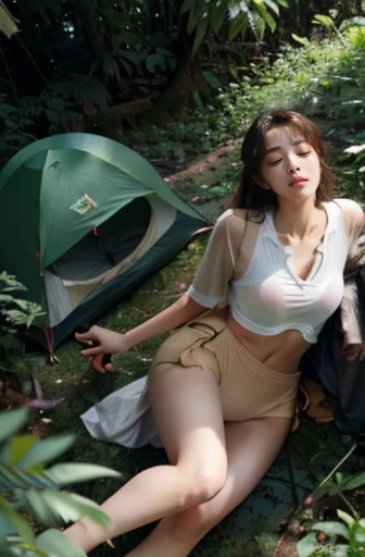 ((top-quality、in 8K、masterpiece:1.3、Raw photo))、Super high quality photos, ((In the dense forest)), ((Captured from above)), Japan's top idol women with perfect beauty, Perfect beauty, ((slim figure))、((der riese))、((Wear a white see-through shirt)), ((not wearing bra)), (( are protruding)), tropical jungle、 (Photorealistic: 1.4), (Ultra-high detail), (hyper realisitic: 1.4), (Realistic: 1.3), (Smooth lighting: 1.05), 1girl in, Solo, (Japanese actressl), 20yr old, Full body, ((camel's toe)), ((der riese)), Size difference, cinematlic lighting, ((slim thigh)), ((Perfect beauty)), ((The most beautiful face)), ((Transcendent beauty)),tropical jungle、((with spreading legs)), ((In the dense forest)), ((slim figure)), ((pitch a small tent at the campsite)), ((Little people々Fleeing)),((Captured from above)), Real rain, wetting hair,
