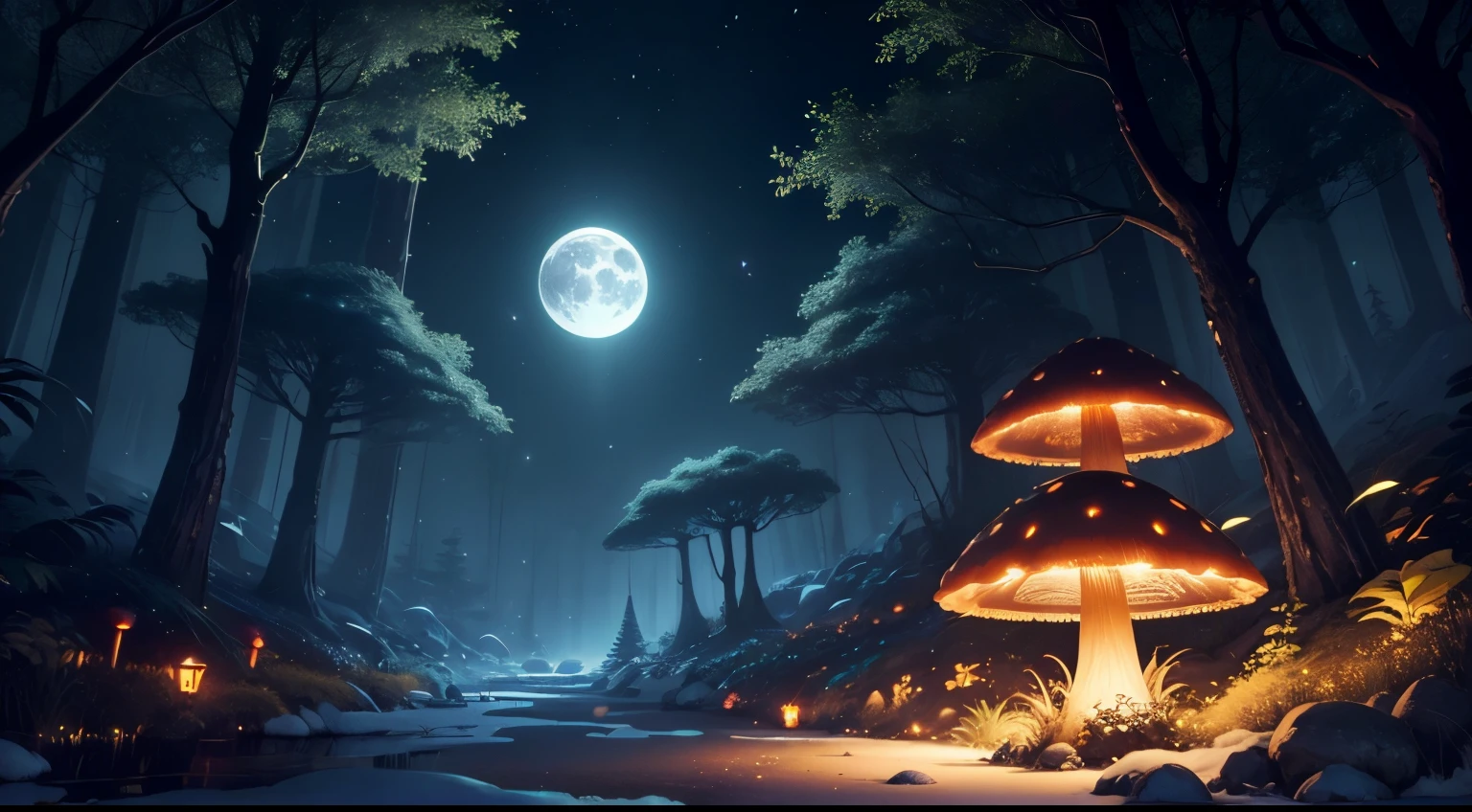 the night，Full moon，Yingying shimmer，Fantasy Forest，glowing mushrooms，twinkling fireflies