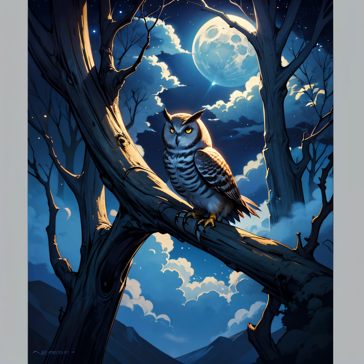 An owl standing on a branch, tmasterpiece, Best quality, ultra - detailed, bigger, cloud, exquisite lighting, themoon, nigh sky, natta,
