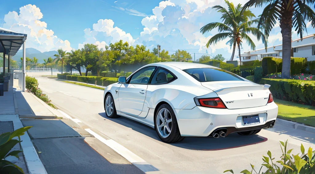 resort, seaside, summer sky, white hotel, white sports car