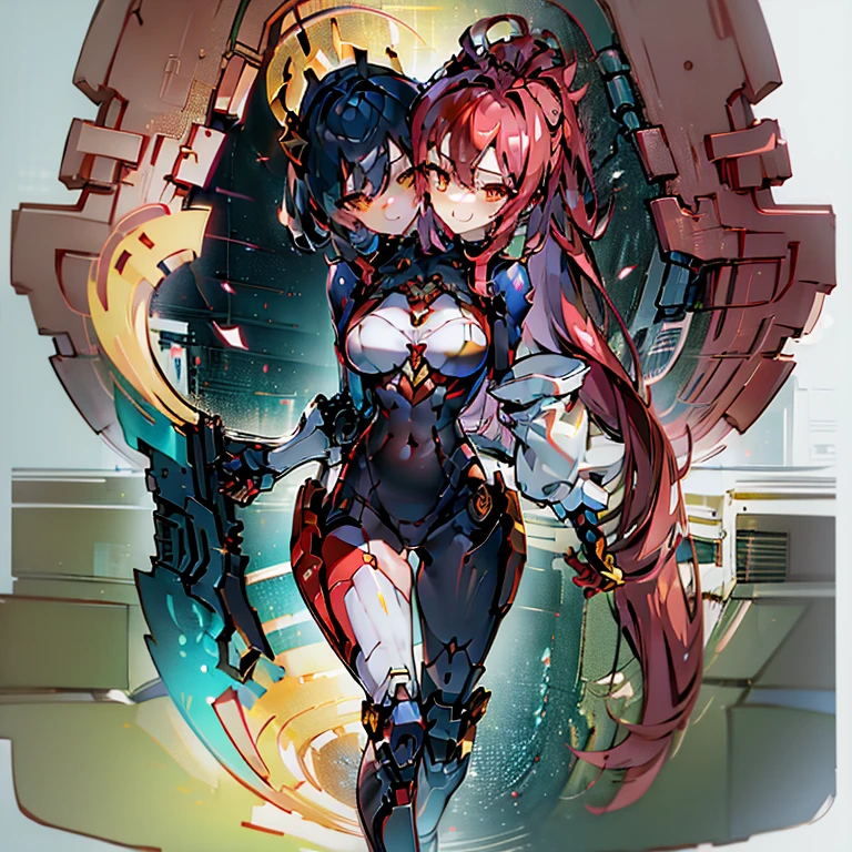 masterpiece, best quality), best resolution, (2heads:1.5), 1girl, red hair, blue hair, yellow eyes, carefree, smiling, yellow armor, rpg influence, crystal cavern background