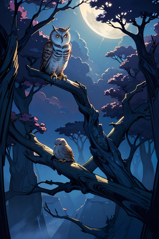 An owl standing on a branch, tmasterpiece, Best quality, ultra - detailed, bigger, cloud, exquisite lighting, themoon, nigh sky, natta,