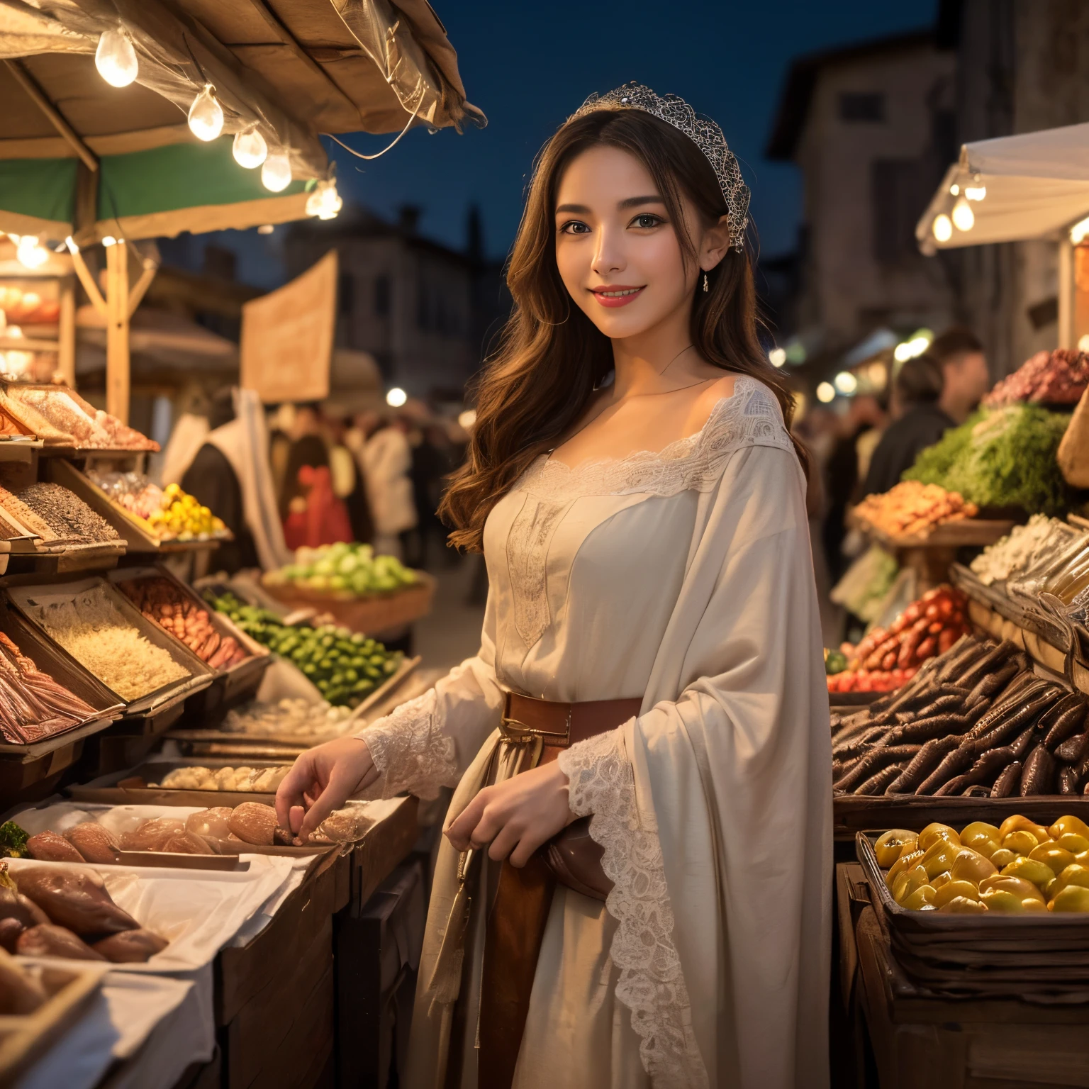 ((top-quality、masutepiece、8K、Top image quality、))、(italian woman photo:1.3)、medieval italian market、medieval italian costumes、View me、a smile、、(perfect anatomia:1.2)、(Detailed and complex market background:1.3)、(romantic mood night:1.1)、(Perfectly recreates the atmosphere of medieval Italy:1.3)、(classic:1.1)、(Fantasia:1.1)、(Cinematic:1.1)