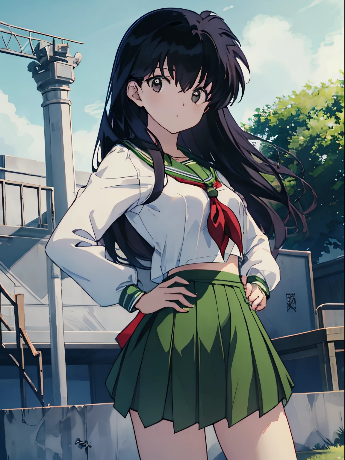 dusk in the park、Anime  girl with black hair and black eyes, Over all、Kagome Higurashi、Hands on the hips、length hair、small tits,Long skirt、Wearing a school uniform, The stage is a park,3D images、Highly detailed CG Unity 8k wallpaper, [3D images:1.15],Attractive eyes、校服、White shirt、Green skirt、color green、red neckerchief、[[A detailed eye、Colorful eyes、radiant eyes:1.15]]、Be sure to pay attention to your stomach、Shooting from front、