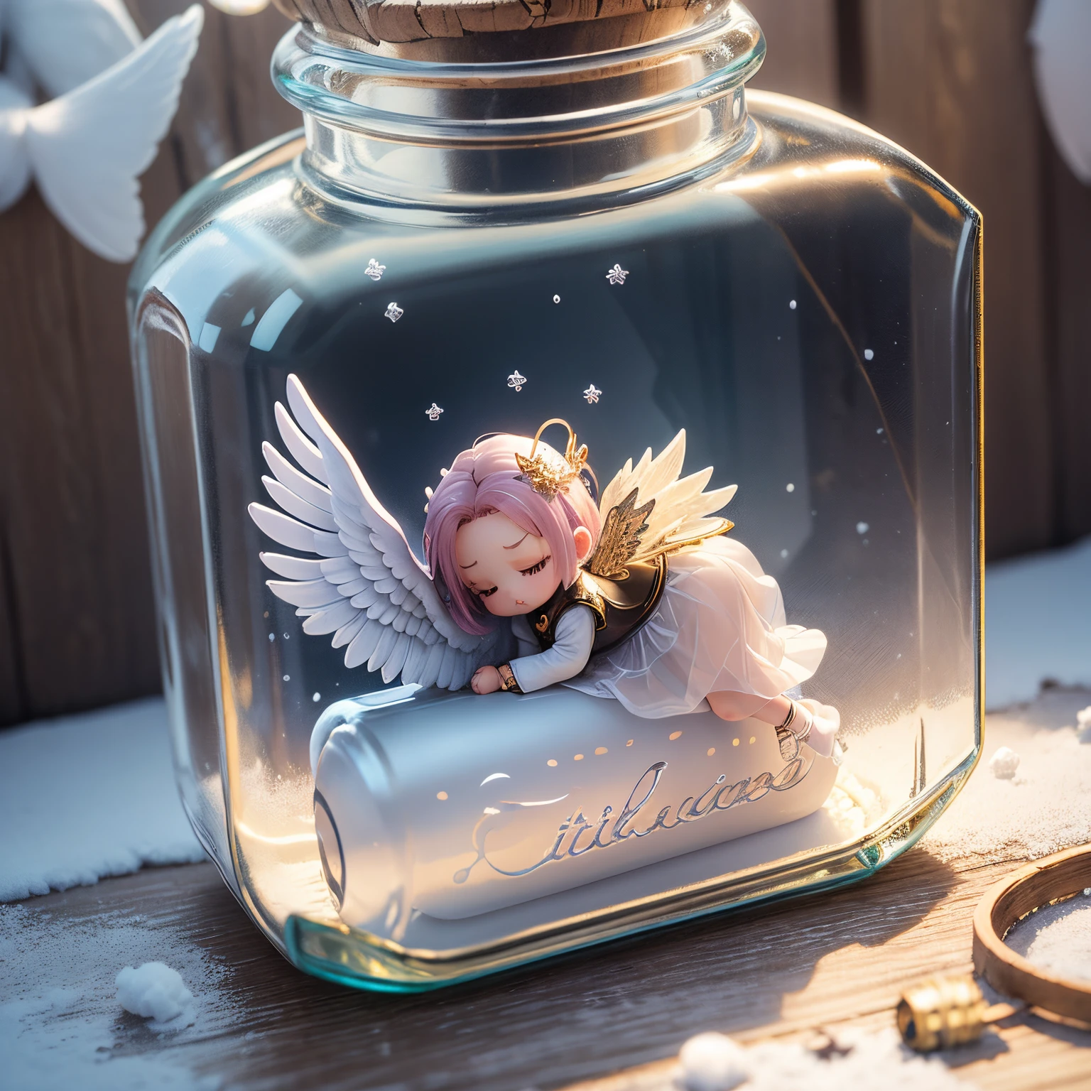 ​masterpiece、top-quality、ultra-detailliert、((little chibi angel in a transparent glass bottle:1.2),Prayer Pose、snowfall:1.1))8K