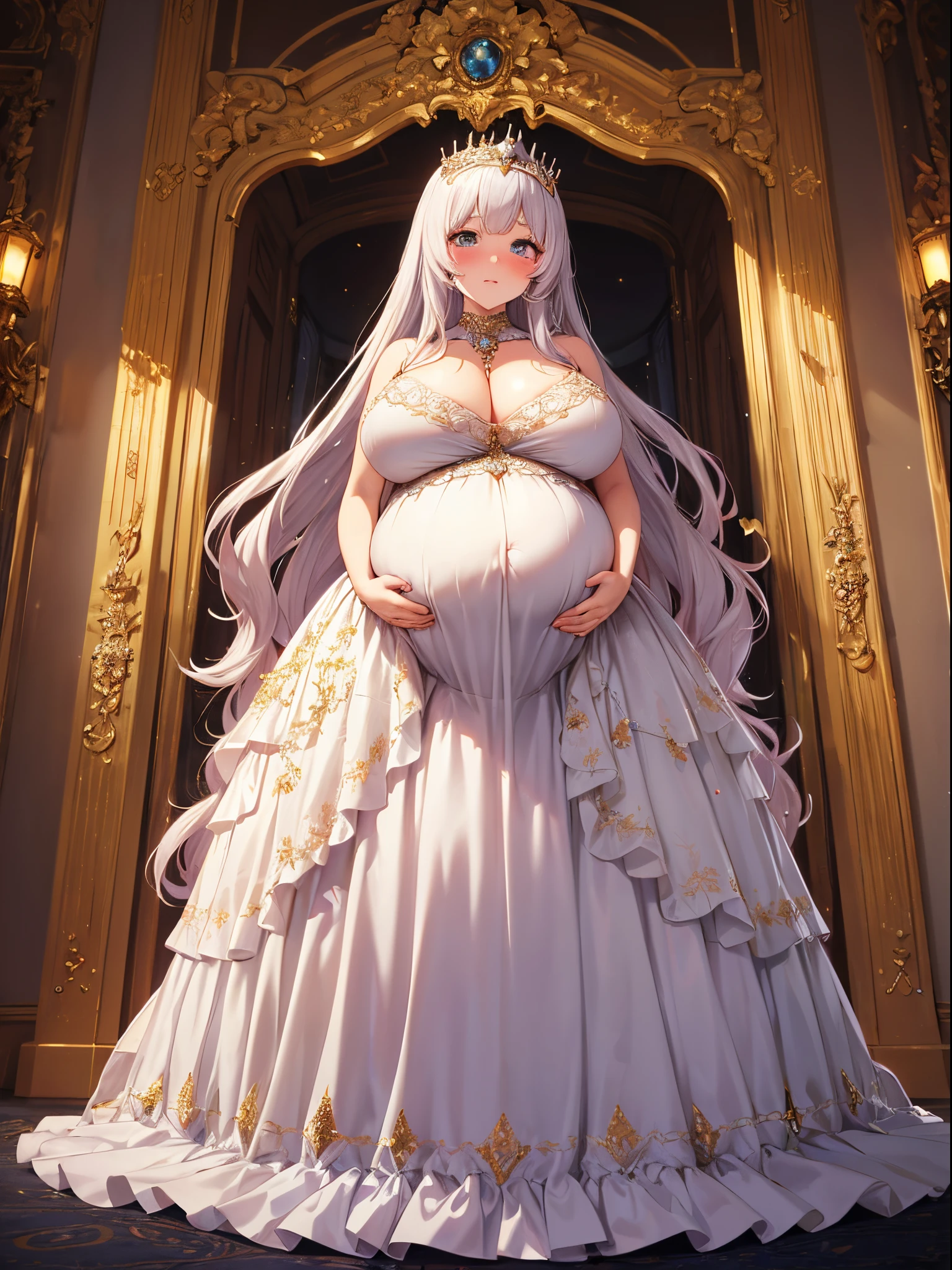 ultra-detailed, extremely detailed,((anime artstyle)),Masterpiece,(Best Quality),(Super Detail),(Very Delicate and Beautiful),((Solo)),(((full body))),full body,((detailed face and eyes)),perfect eyes, rendered eyes,jewel-like beautiful eyes,((embarrassed,blush)),((1  pregnant queen in beautiful embroidery and jeweled gorgeous rococo ballgown with voluminous full length hoop skirt)),(((heavily pregnant))),((Crinoline,luxurious ruffles)),beautiful embroidery and jeweled gorgeous rococo ballgown with voluminous full length hoop skirt,(large amount of straight hair,extremely voluminous Very Long straight Hair,Absolutely Long Straight Hair),(((very gigantic boobs))),skindentation,Bursting breasts,cleavage,((fantasy castle,luxury palace)),long_gloves,extremely gorgeousfull jeweled hair ornament,(bling-bling extremely gorgeousfull jeweled tiara),(luxurious jewelry),full body,beautiful embroidery and jeweled gorgeous rococo princess ballgown with voluminous full length hoop skirt