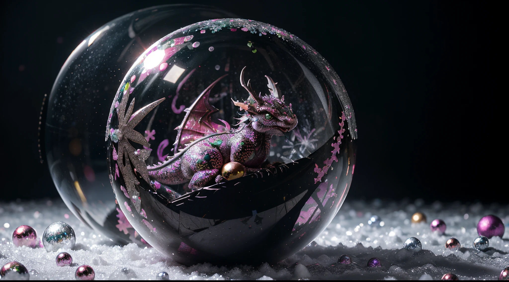 Genetic Modification: fantastically beautiful tiny black and pink dragon inside a transparent ball, Huge expressive eyes,Christmas, New Year, toys, Snow whirlwind, Fantasy art, Ultra-detailed, hyper realisitc, glitter and shimmer, Paisley, floral print, fine details, bokeh and shimmering snow, mist, Snow world , paint splatter,