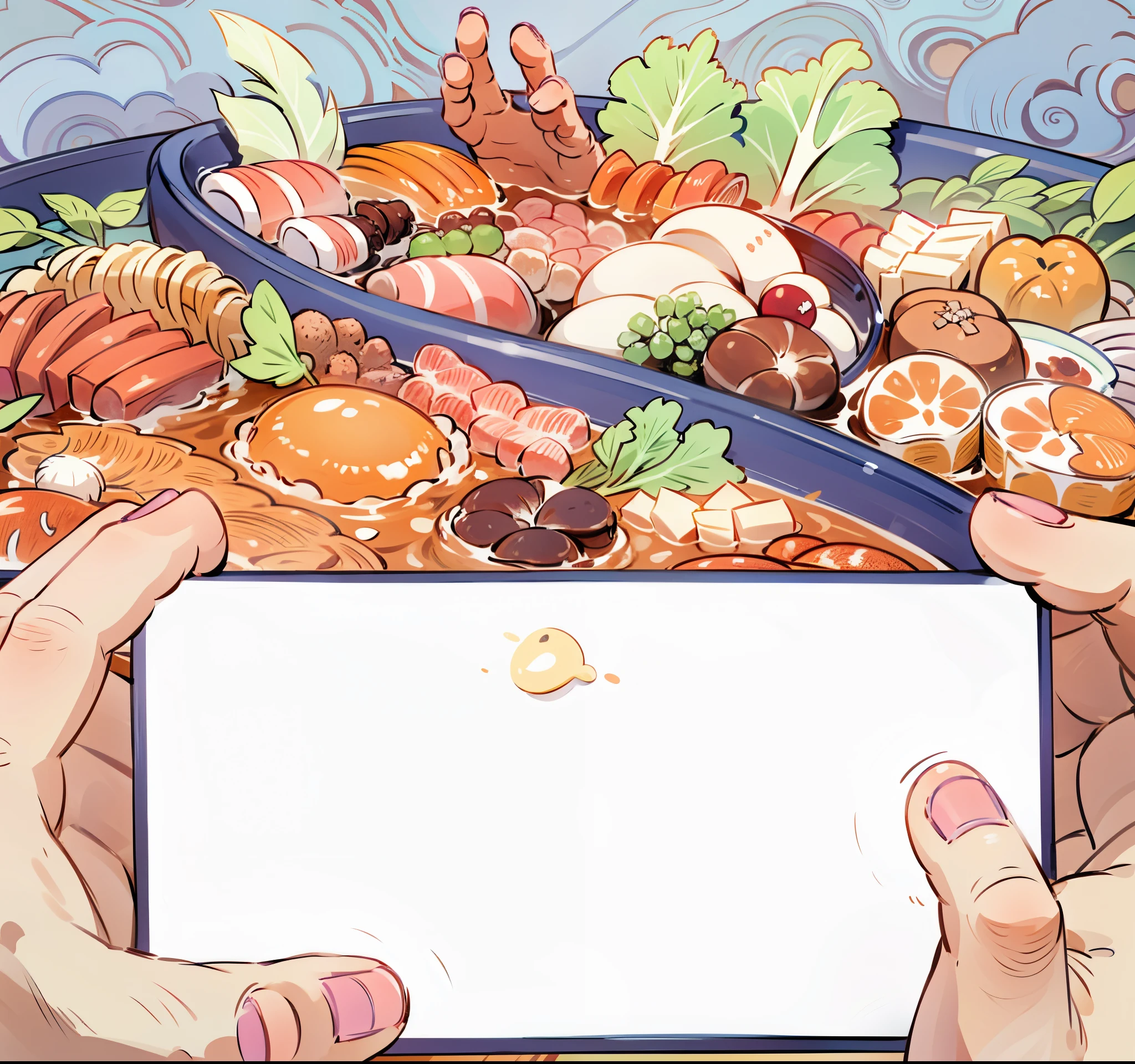 Best quality, Many details,4K, holding cell phone,Taking pictures of hot pot,cellular phone,hot pot,mano,two hand